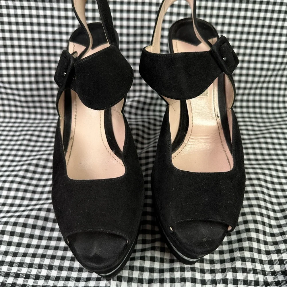 Miu Miu Black Silver Metallic 70s Disco Style Suede Platform Sandals EU 38 US 8